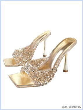 Rhinestone Square Open Toe Stiletto Mules Slip On Dress Wedding Party Heels